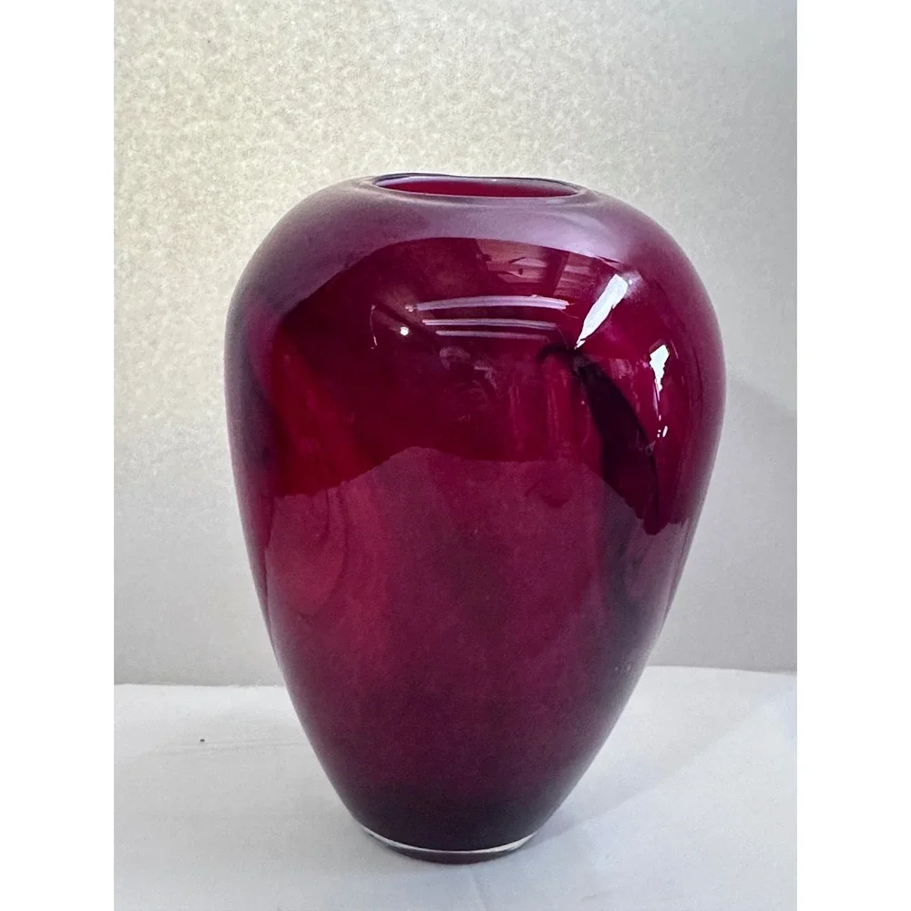 Red Art Glass Bulbus Vase Black Swirls Pontil Finish Tall Wide‎